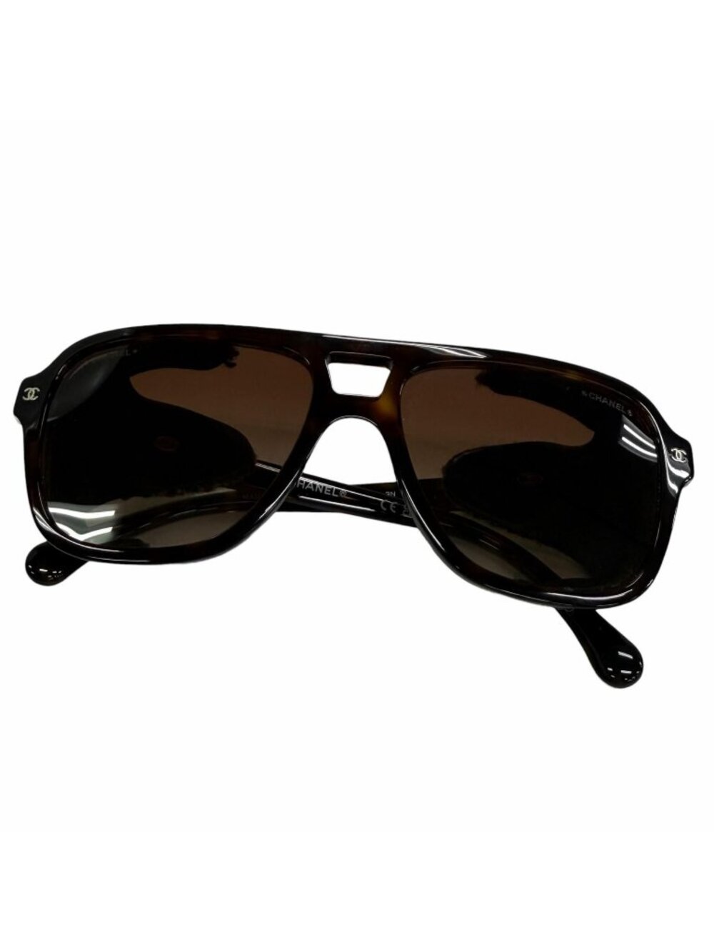 Chanel Pilot Shape Sunglasses Leather Two Bridge Tweed Brown Eyewear